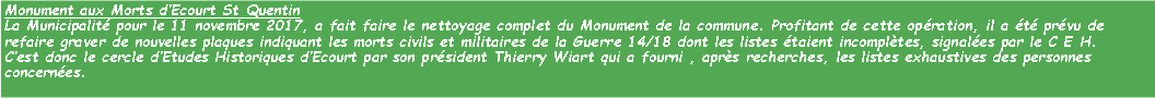 Zone de Texte: Monument aux Morts dEcourt St QuentinLa Municipalit pour le 11 novembre 2017, a fait faire le nettoyage complet du Monument de la commune. Profitant de cette opration, il a t prvu de refaire graver de nouvelles plaques indiquant les morts civils et militaires de la Guerre 14/18 dont les listes taient incompltes, signales par le C E H. Cest donc le cercle dEtudes Historiques dEcourt par son prsident Thierry Wiart qui a fourni , aprs recherches, les listes exhaustives des personnes concernes.