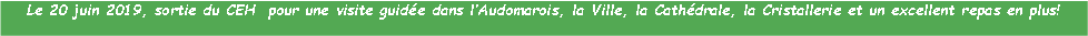 Zone de Texte: Le 20 juin 2019, sortie du CEH  pour une visite guide dans lAudomarois, la Ville, la Cathdrale, la Cristallerie et un excellent repas en plus!