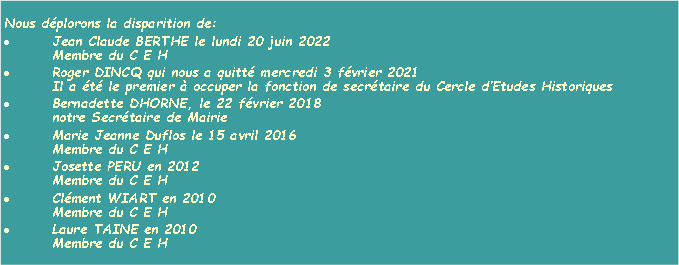 Zone de Texte: Nous dplorons la disparition de: Jean Claude BERTHE le lundi 20 juin 2022 	Membre du C E H Roger DINCQ qui nous a quitt mercredi 3 fvrier 2021
Il a t le premier  occuper la fonction de secrtaire du Cercle dEtudes HistoriquesBernadette DHORNE, le 22 fvrier 2018	notre Secrtaire de MairieMarie Jeanne Duflos le 15 avril 2016	Membre du C E HJosette PERU en 2012	Membre du C E HClment WIART en 2010	Membre du C E HLaure TAINE en 2010	Membre du C E H