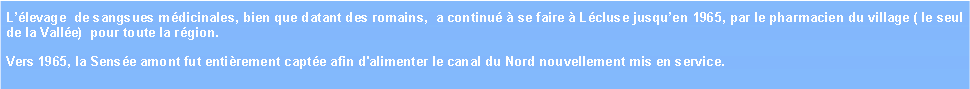 Zone de Texte: Llevage  de sangsues mdicinales, bien que datant des romains,  a continu  se faire  Lcluse jusquen 1965, par le pharmacien du village ( le seul de la Valle)  pour toute la rgion.Vers 1965, la Sense amont fut entirement capte afin d'alimenter le canal du Nord nouvellement mis en service.